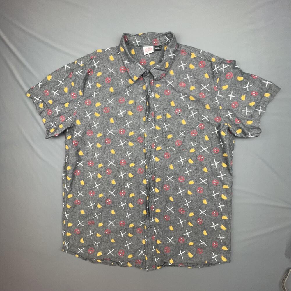 Marvel Deadpool Men’s 2XL Gray Button Up Tacos Swords Comic Shirt